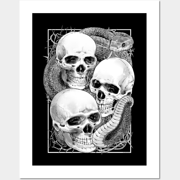 Snake And Three Skulls T-Shirt Wall Art by CHAKICHAKI